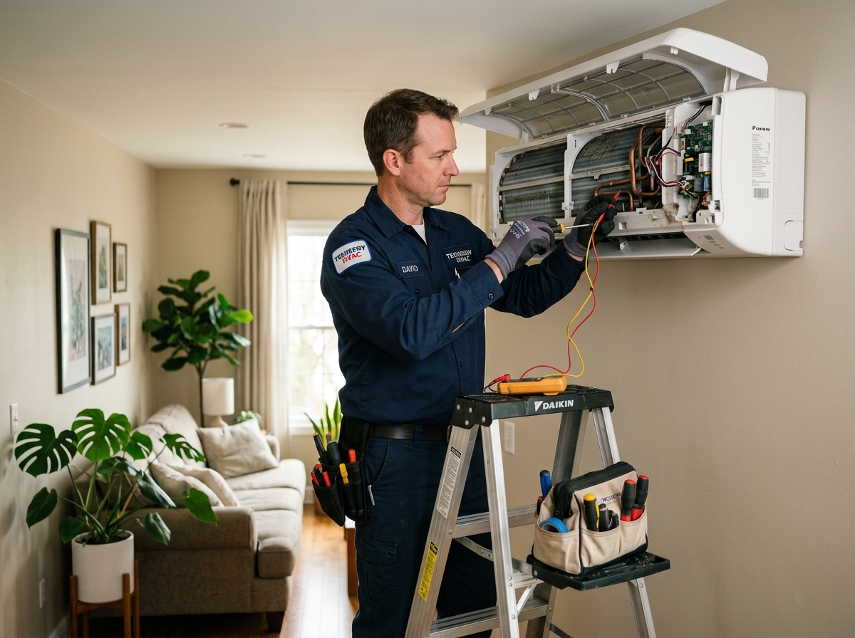 AC technician servicing indoor split AC unit at home