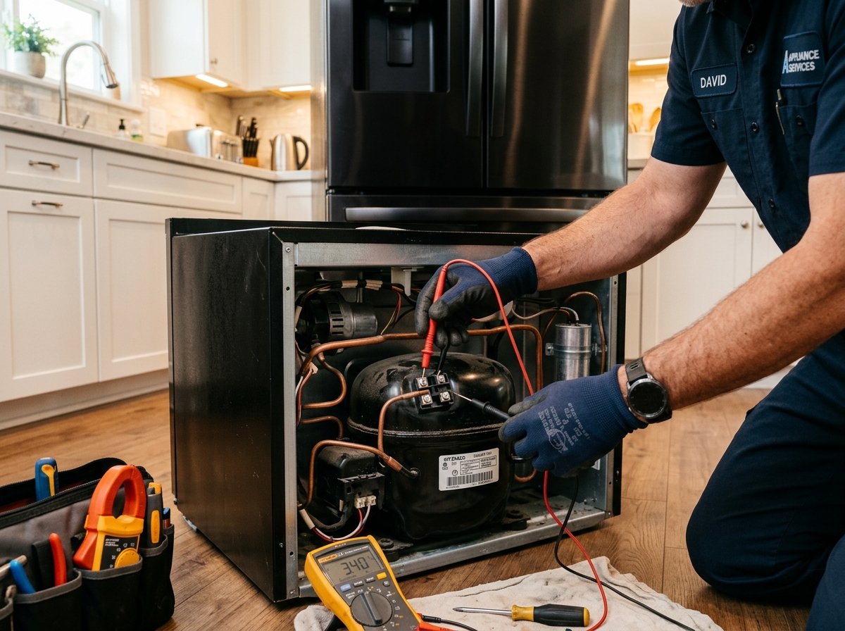 Technician inspecting refrigerator compressor in home kitchen