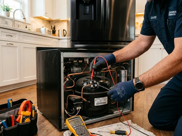 Technician inspecting refrigerator compressor in home kitchen
